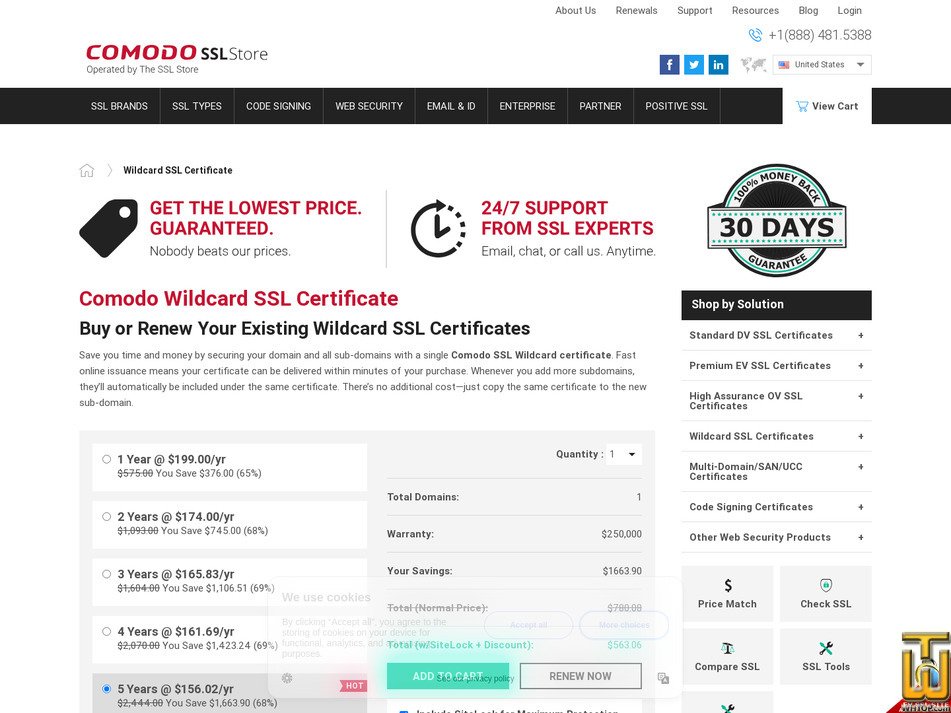 screenshot of Comodo SSL Wildcard Certificate (DV) from comodosslstore.com