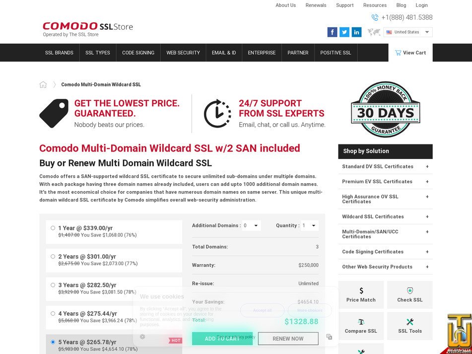 screenshot of Comodo Multi-Domain Wildcard SSL (OV) from comodosslstore.com