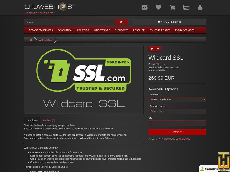 Taken on 8 August, 2025 screenshot of SSL.com - Wildcard SSL from croweb.host
