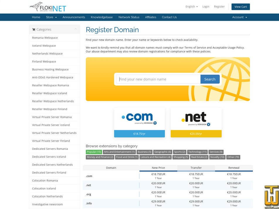 screenshot of .COM Domain Registration from flokinet.is