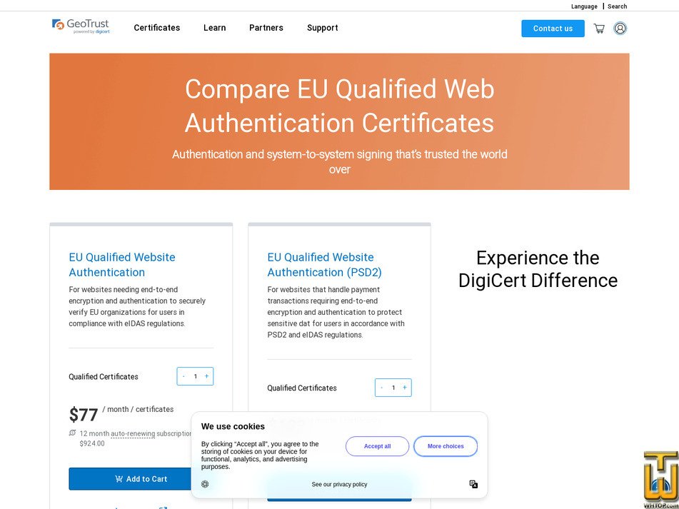screenshot of EU Qualified Website Authentication (PSD2) from geotrust.com