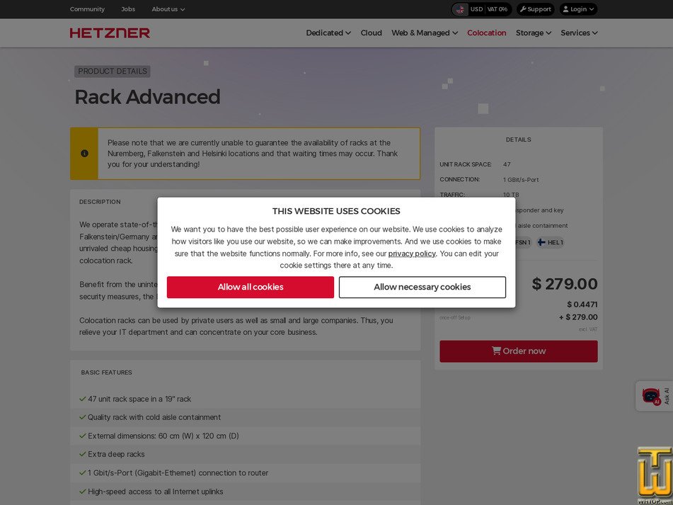 Taken on 25 February, 2025 screenshot of Rack Advanced from hetzner.com