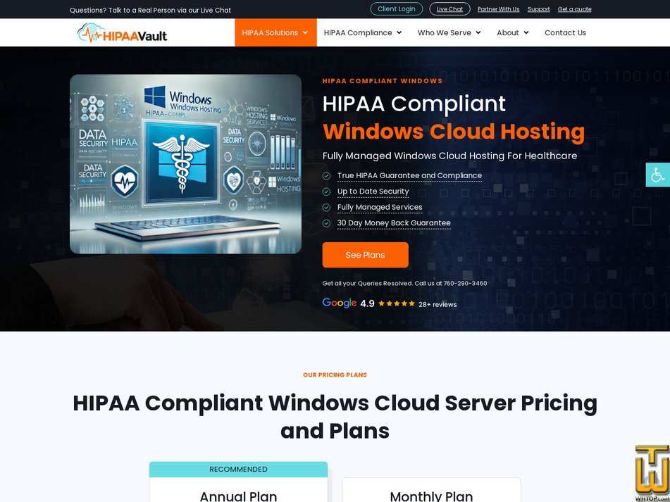 screenshot of HIPAA Compliant Windows Plan from hipaavault.com