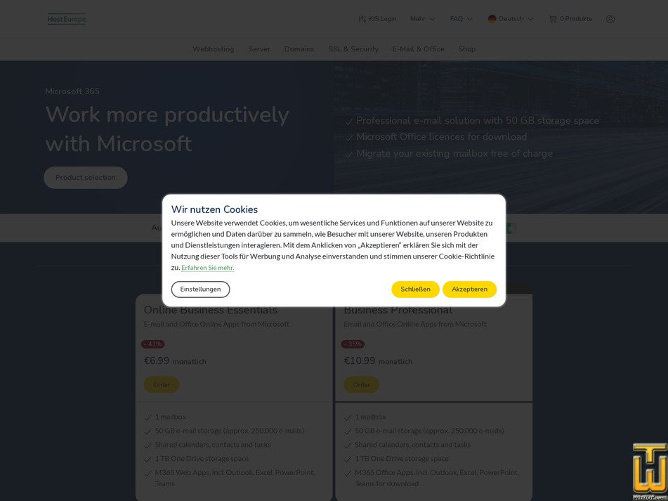 screenshot of (Microsoft 365) Online Business Essentials from hosteurope.de