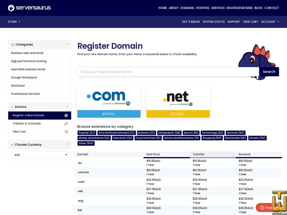 screenshot of .COM from serversaurus.com.au