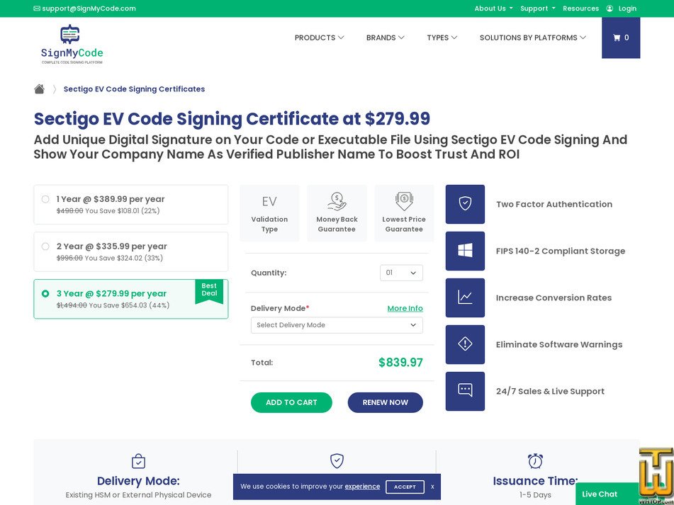 Taken on 14 November, 2025 screenshot of Sectigo EV Code Signing Certificate from signmycode.com