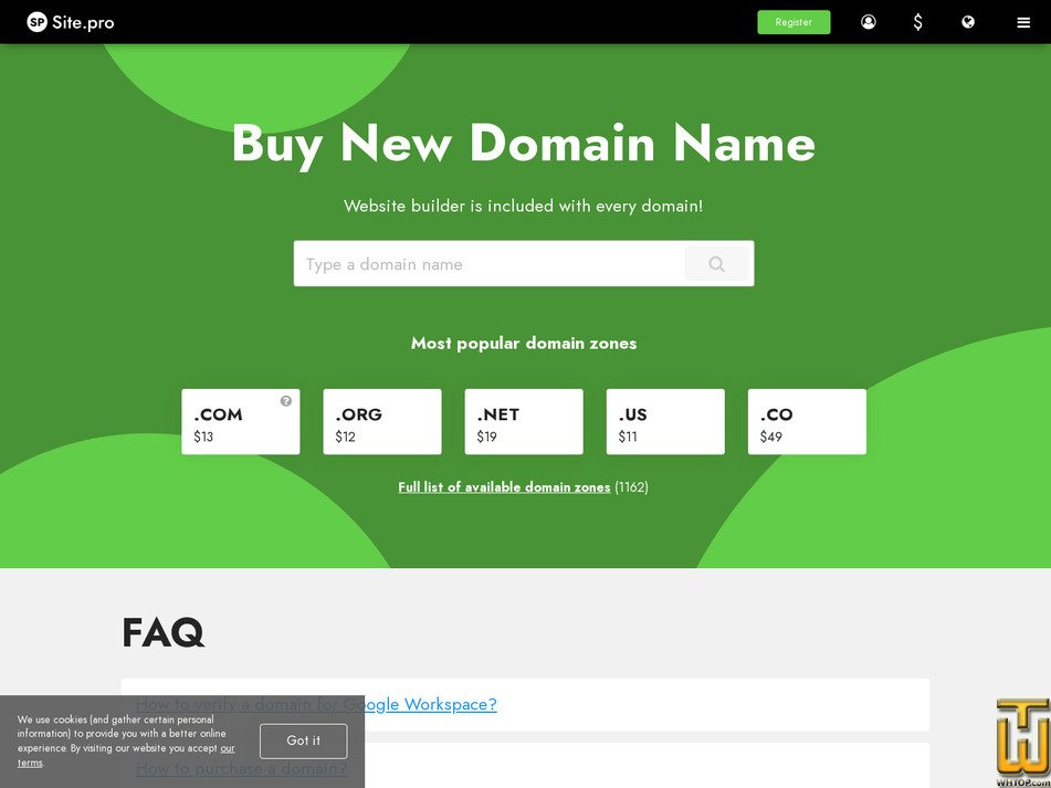 screenshot of .COM domain registration from site.pro