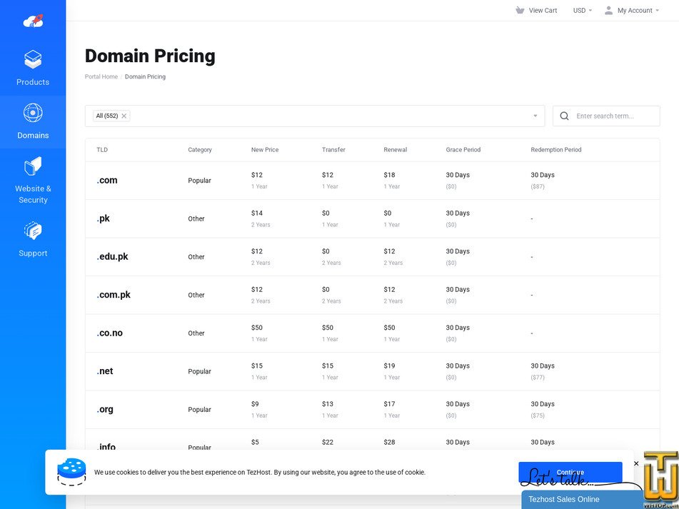 Taken on 30 August, 2025 screenshot of .COM Domain Registration from tezhost.com