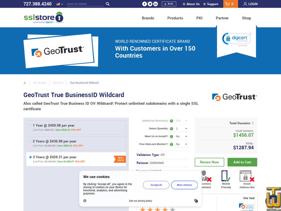 Taken on 19 November, 2025 screenshot of GeoTrust True BusinessID Wildcard from thesslstore.com