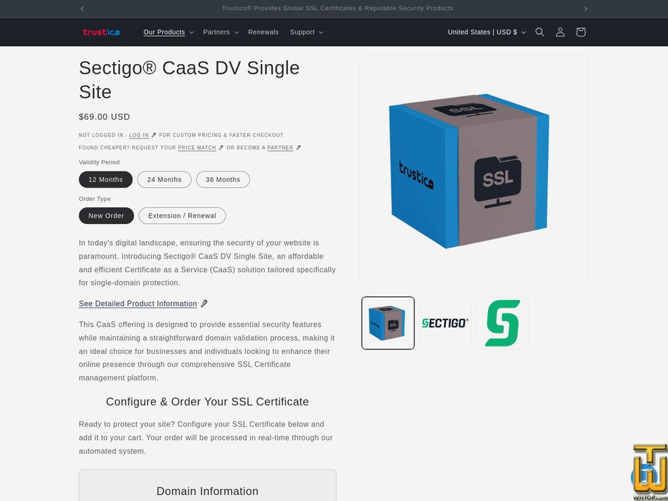 screenshot of Sectigo CaaS DV Single Site from trustico.com