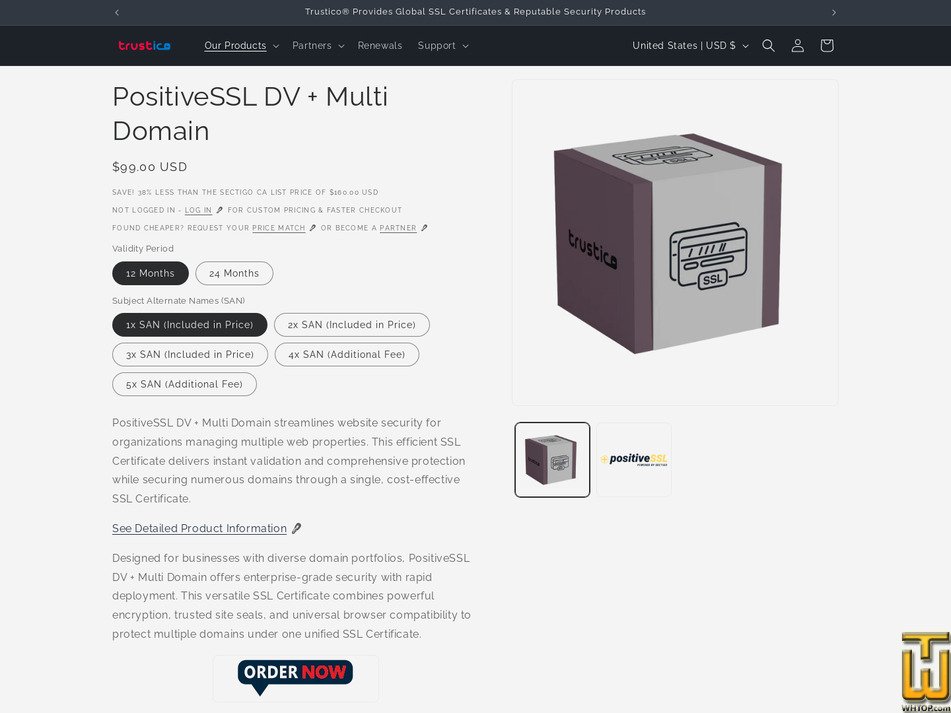 screenshot of PositiveSSL DV + Multi Domain from trustico.com