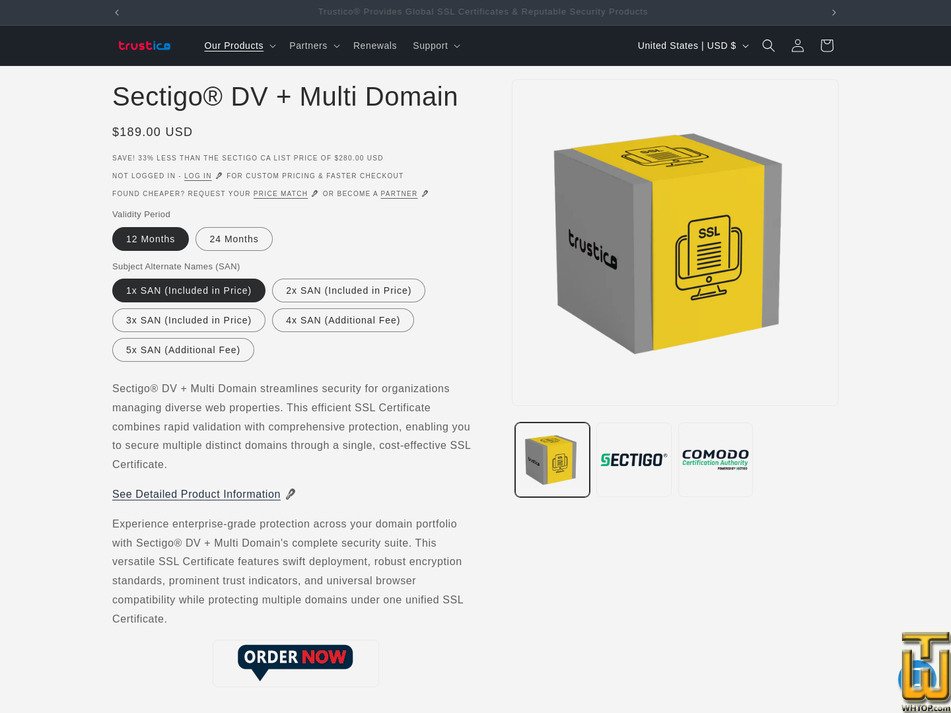 screenshot of Sectigo DV + Multi Domain from trustico.com