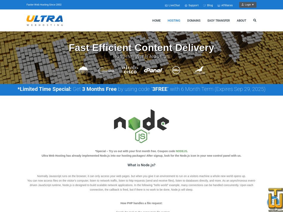 screenshot of Node.js Hosting from ultrawebhosting.com