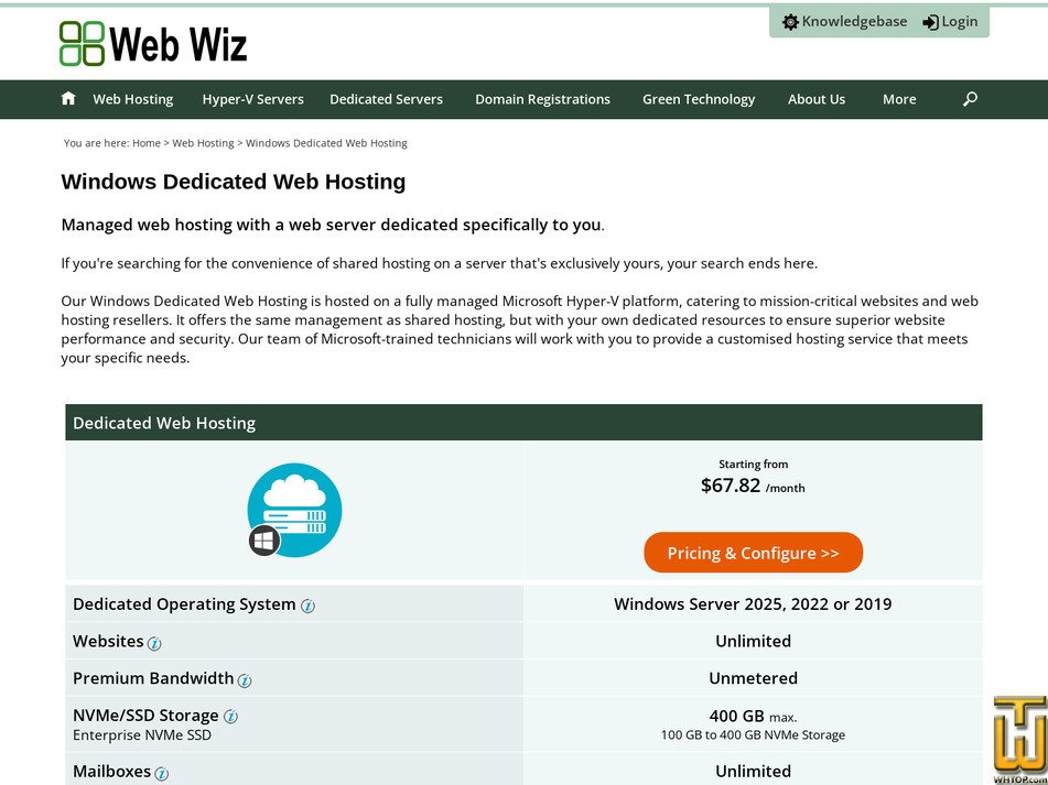 screenshot of Windows Dedicated Web Hosting from webwiz.net