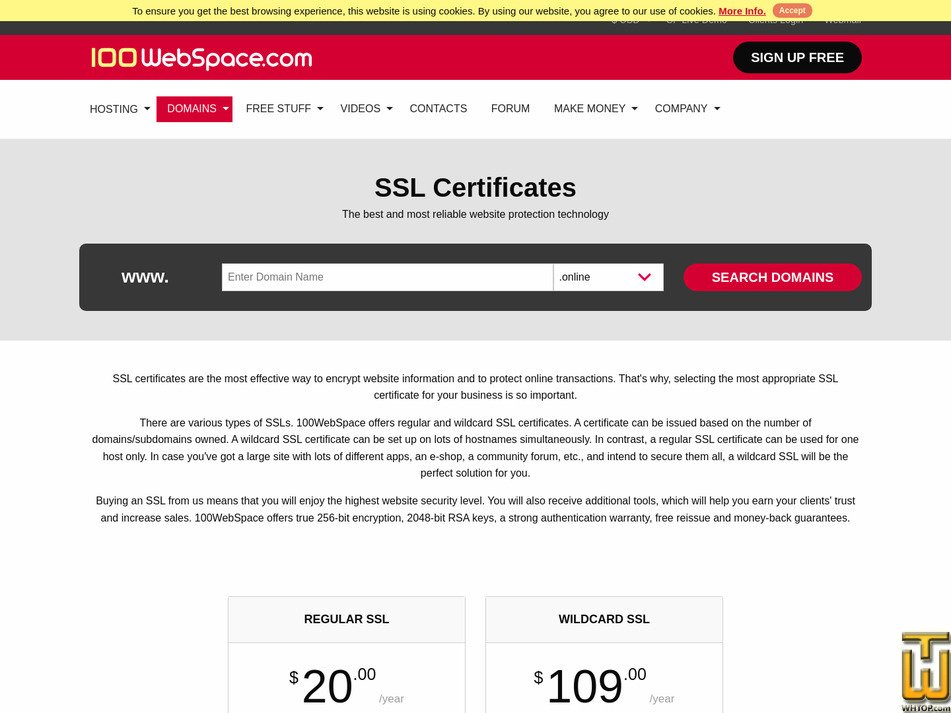 screenshot of Regular SSL from 100webspace.com