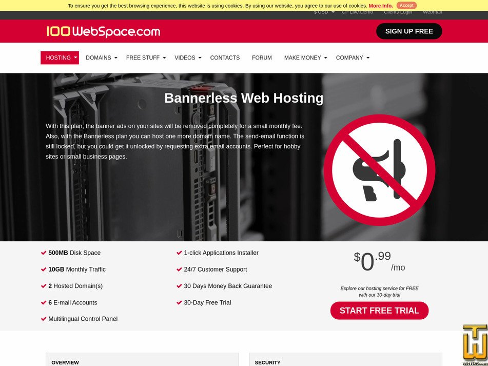 Taken on 4 May, 2026 screenshot of Bannerless from 100webspace.com