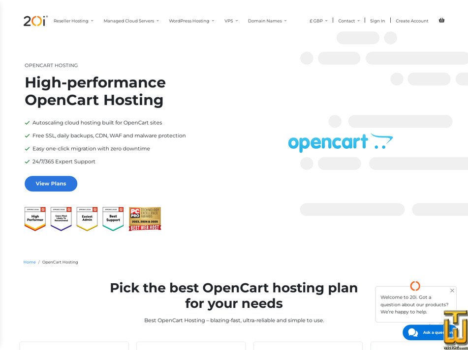 Taken on 11 May, 2026 screenshot of Managed OpenCart Hosting from 20i.com