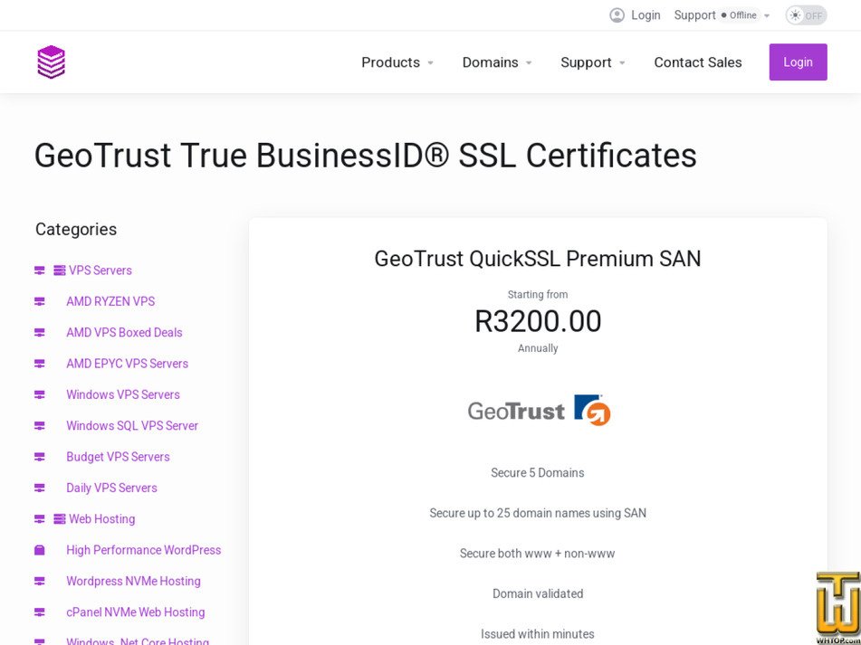 Taken on 13 May, 2026 screenshot of GeoTrust QuickSSL Premium SAN from absolutehosting.co.za