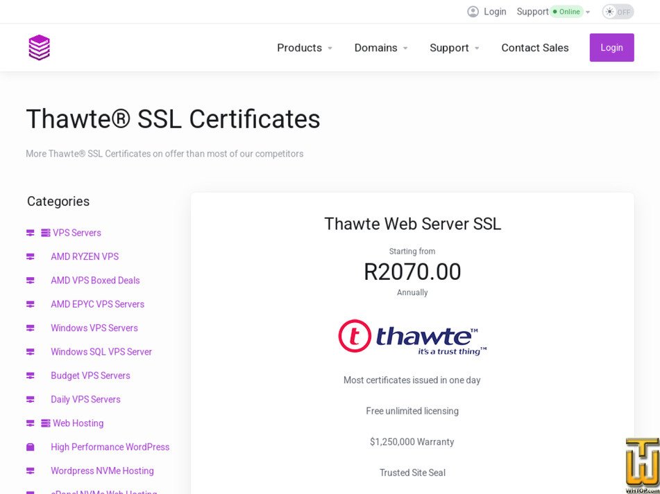 Taken on 13 May, 2026 screenshot of Thawte Web Server SSL from absolutehosting.co.za