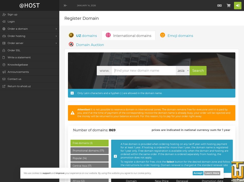 screenshot of .uz from ahost.uz