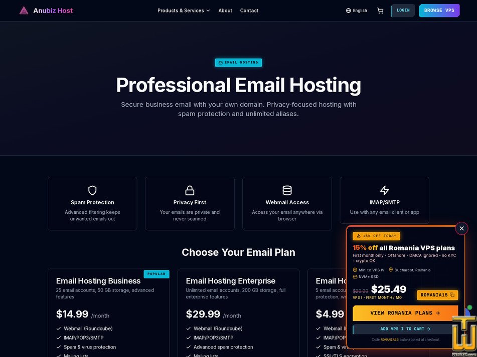 Taken on 7 July, 2026 screenshot of Email Hosting Starter from anubizhost.com