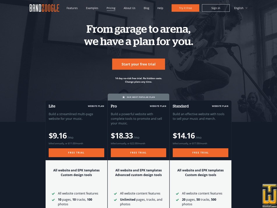 screenshot of Pro from bandzoogle.com