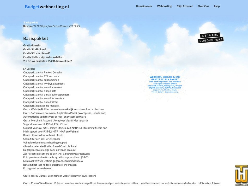 Taken on 6 October, 2026 screenshot of Basispakket from budgetwebhosting.nl