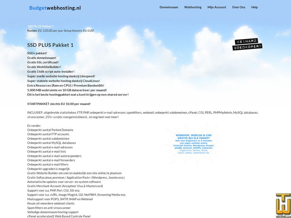 Taken on 6 October, 2026 screenshot of SSD PLUS Pakket 1 from budgetwebhosting.nl