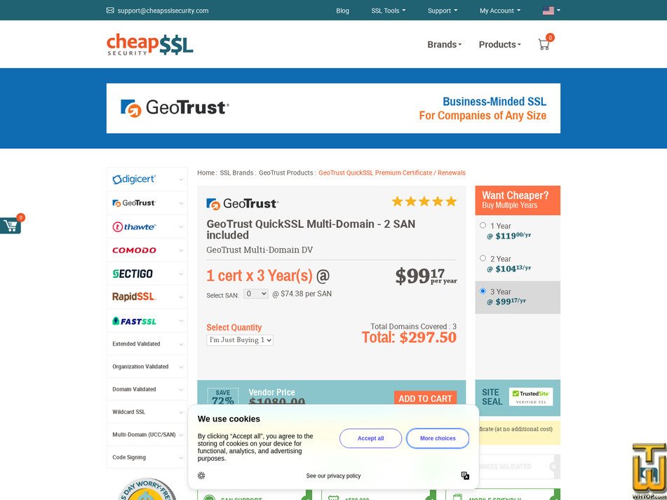 screenshot of GeoTrust QuickSSL Multi-Domain from cheapsslsecurity.com