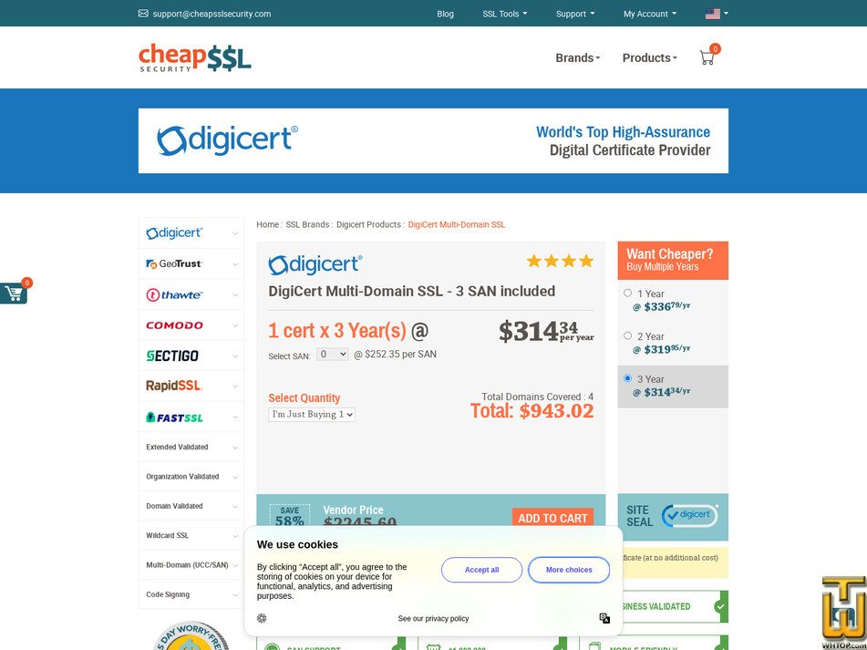 screenshot of DigiCert Multi-Domain SSL from cheapsslsecurity.com