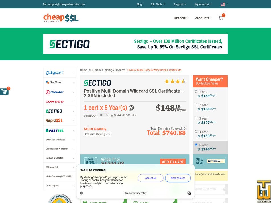 Taken on 17 April, 2026 screenshot of Sectigo Positive Multi-Domain Wildcard from cheapsslsecurity.com