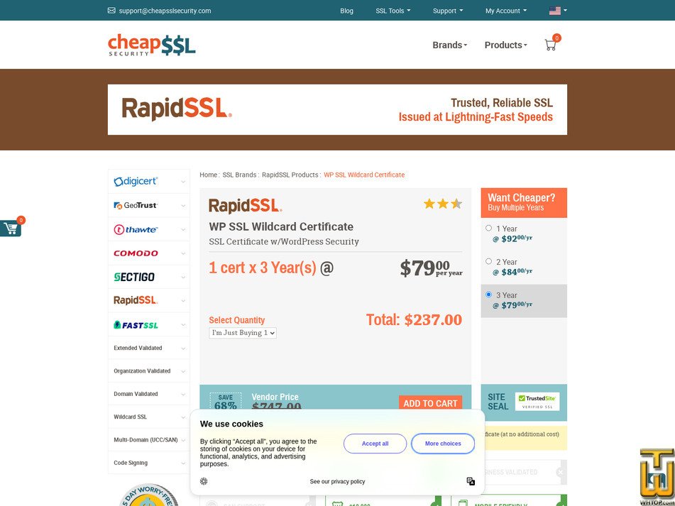 Taken on 17 April, 2026 screenshot of WP SSL Wildcard Certificate from cheapsslsecurity.com
