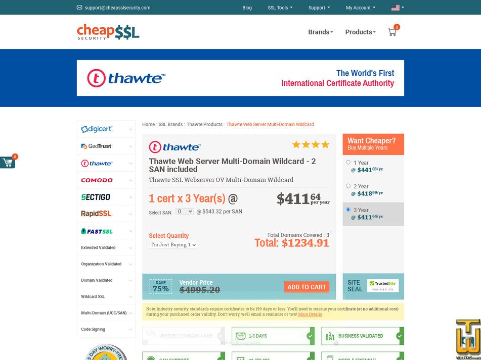 Taken on 17 April, 2026 screenshot of Thawte SSL Webserver Multi Domain Wildcard from cheapsslsecurity.com