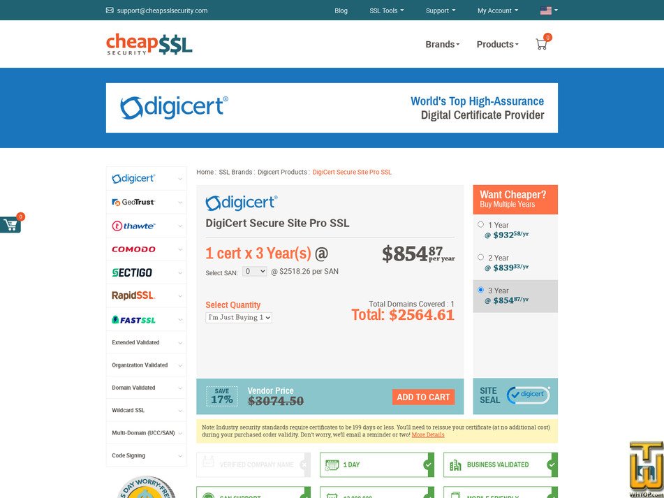 Taken on 17 April, 2026 screenshot of DigiCert Secure Site Pro SSL from cheapsslsecurity.com