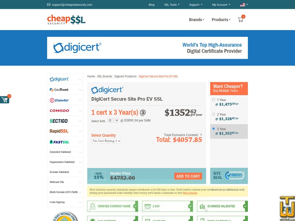 Taken on 17 April, 2026 screenshot of DigiCert Secure Site Pro EV SSL from cheapsslsecurity.com