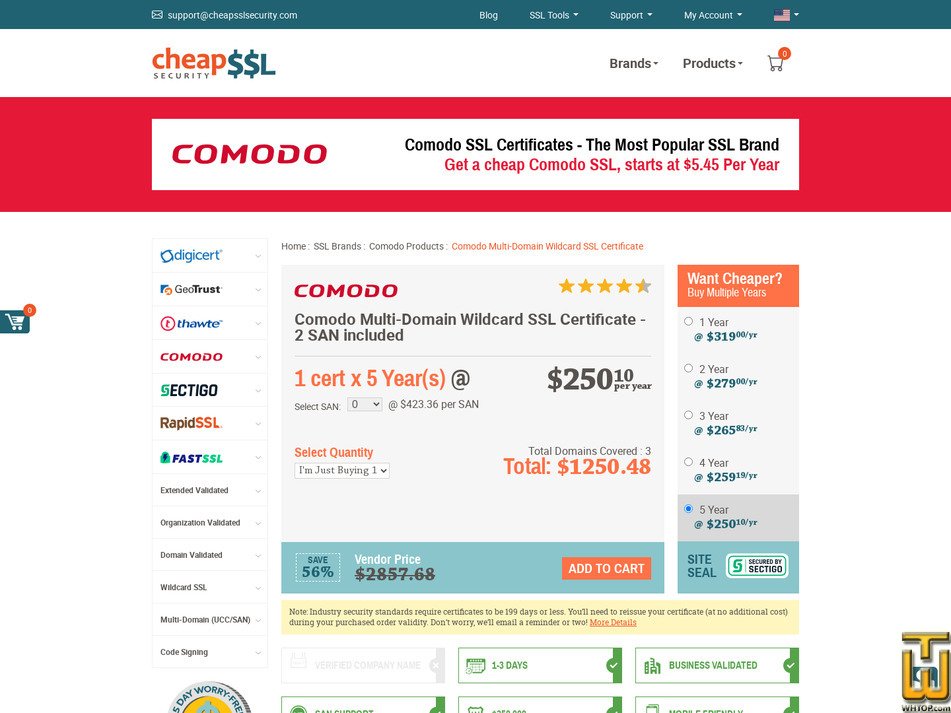 Taken on 17 April, 2026 screenshot of Comodo Multi Domain Wildcard SSL Certificate from cheapsslsecurity.com