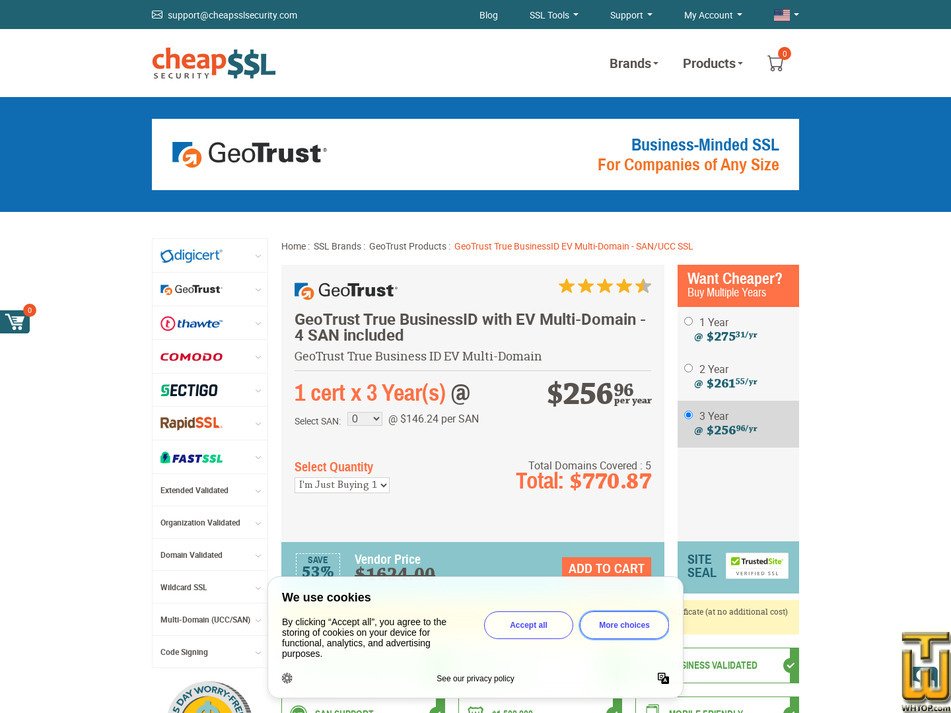 Taken on 17 April, 2026 screenshot of GeoTrust True BusinessID with EV Multi domain from cheapsslsecurity.com