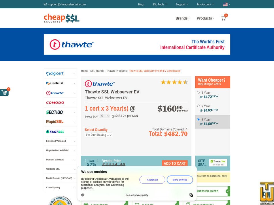 Taken on 17 April, 2026 screenshot of Thawte SSLWebserver EV from cheapsslsecurity.com