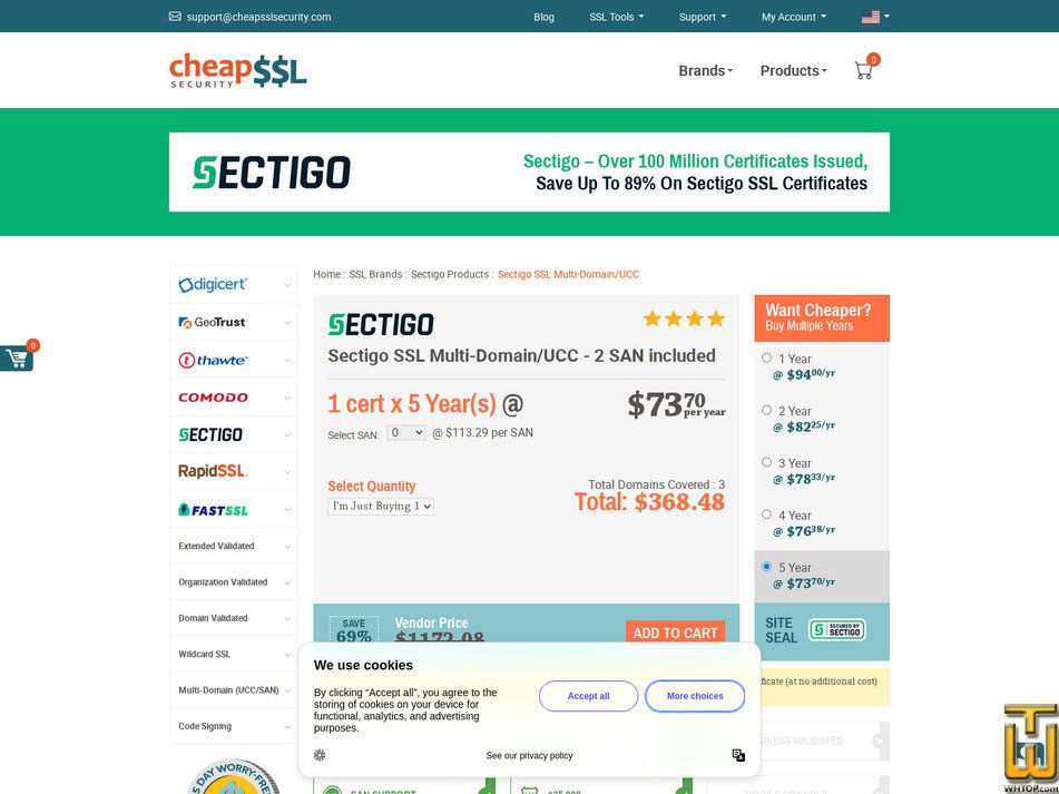 Taken on 17 April, 2026 screenshot of Sectigo SSL Multi-Domain/UCC from cheapsslsecurity.com