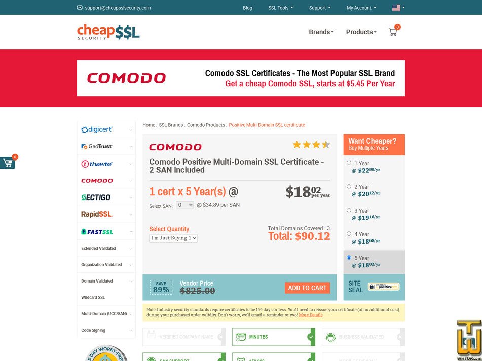 Taken on 17 April, 2026 screenshot of Comodo PositiveSSL Multi Domain Certificate from cheapsslsecurity.com