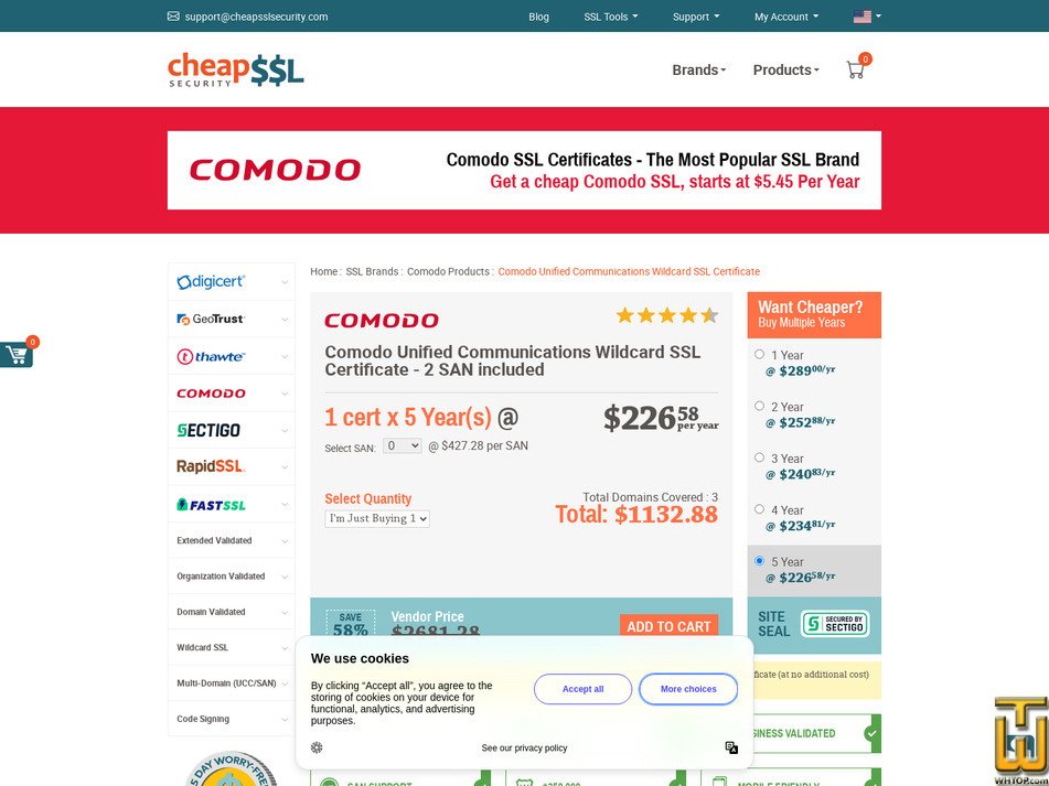 Taken on 17 April, 2026 screenshot of Comodo Unified Communication Wildcard Certificate from cheapsslsecurity.com