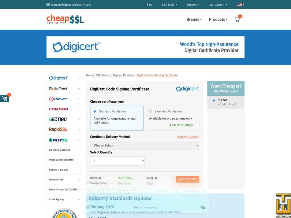 Taken on 17 April, 2026 screenshot of DigiCert Code Signing Certificate from cheapsslsecurity.com