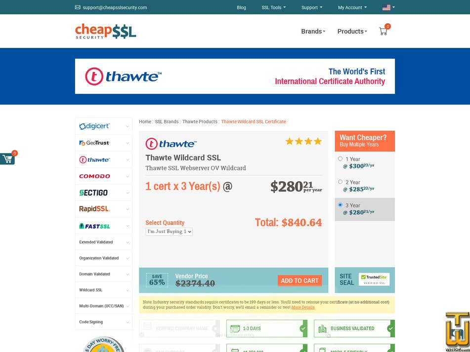 Taken on 17 April, 2026 screenshot of Thawte Wildcard SSL from cheapsslsecurity.com