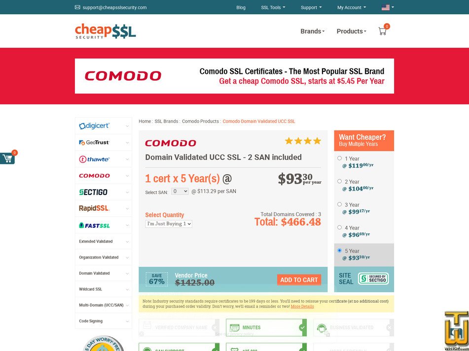 Taken on 17 April, 2026 screenshot of Comodo Domain Validated UCC SSL Certificate from cheapsslsecurity.com