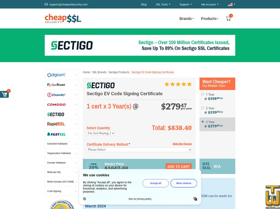 Taken on 17 April, 2026 screenshot of Sectigo EV Code Signing from cheapsslsecurity.com