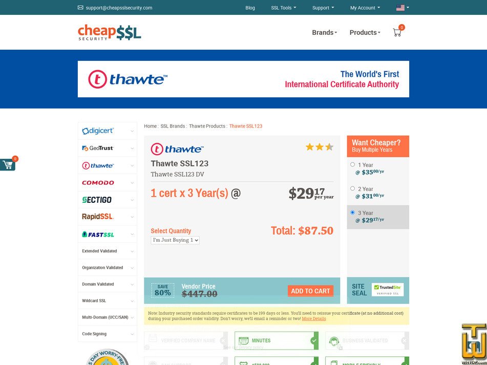 Taken on 17 April, 2026 screenshot of Thawte SSL123 Certificate from cheapsslsecurity.com