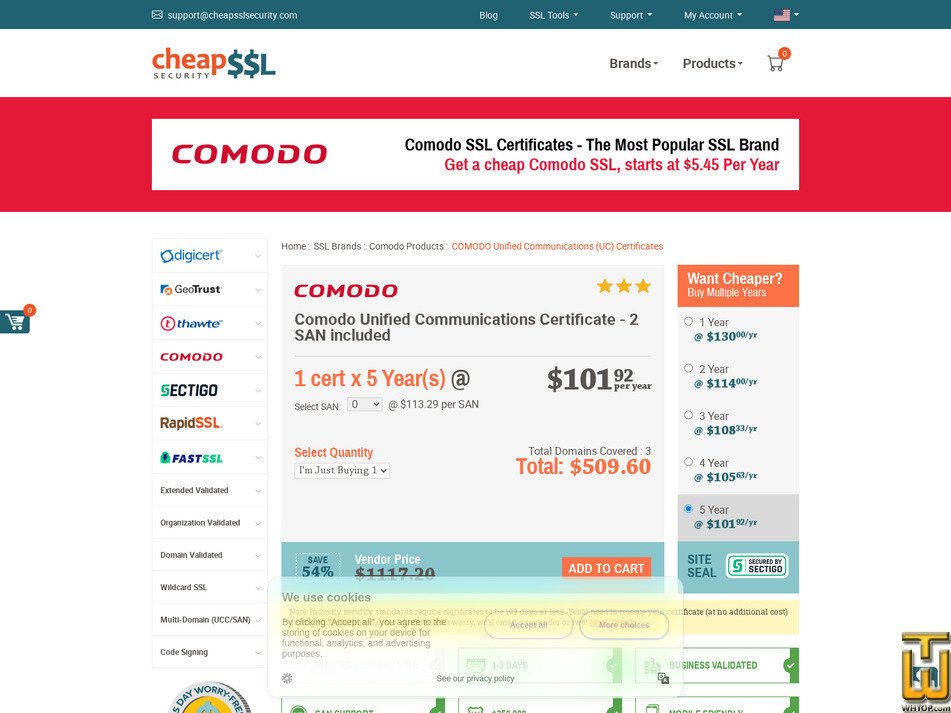 Taken on 17 April, 2026 screenshot of Comodo Unified Communications Certificate - 2 SAN included from cheapsslsecurity.com