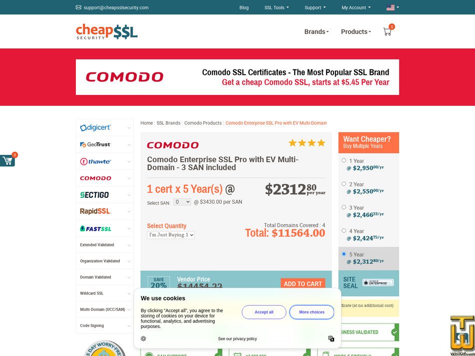 Taken on 17 April, 2026 screenshot of EnterpriseSSL Pro with EV Multi-Domain from cheapsslsecurity.com