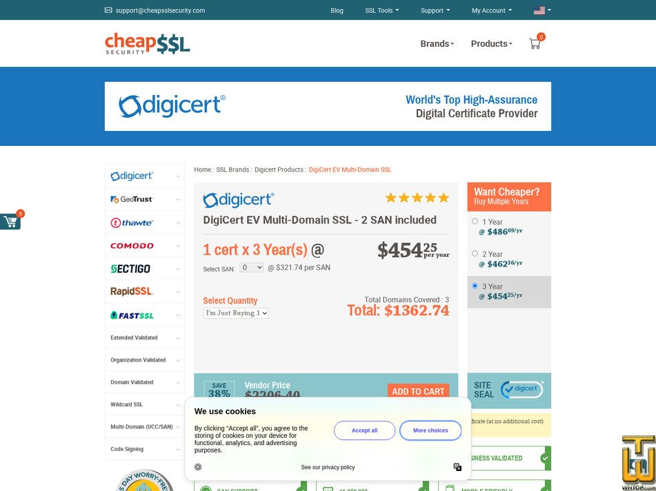 Taken on 17 April, 2026 screenshot of DigiCert EV Multi-Domain SSL from cheapsslsecurity.com