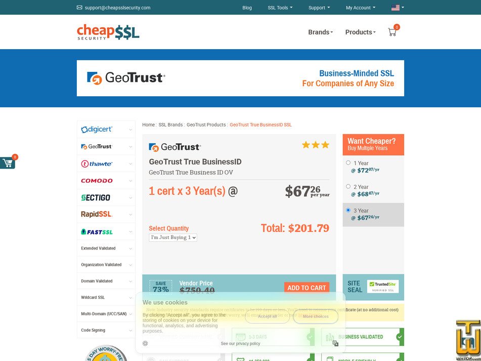 Taken on 17 April, 2026 screenshot of GeoTrust True BusinessID SSL Certificate from cheapsslsecurity.com